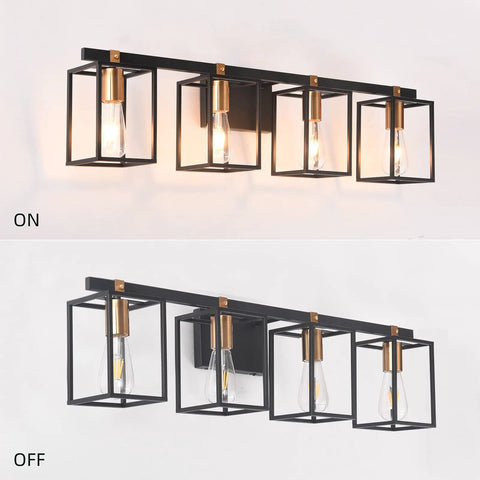 Farmhouse Style Four Light Vanity Fixture With Black And Antique Brass Metal Cage For Bathroom Vintage Rustic Wall Sconces Mid Century Look 33.85 Inch Long