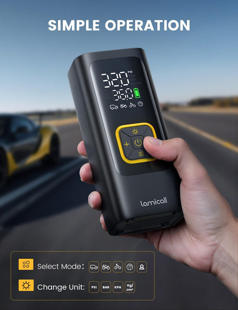 Hand holding Portable Car Tire Inflator Air Compressor Cordless 150 PSI With Rechargeable Battery Digital Pressure Gauge LED