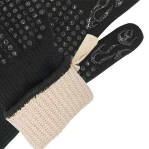 Close-up of Heavy Duty BBQ Cooking Gloves for Outdoor Grilling and Camping, heat resistant black material with silicone grip