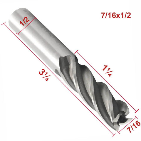 End mill cutter, square-nose, 7/16 in diameter, straight shank, silver metal.