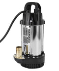 Tough Workhorse Stainless Steel Submersible Sump Pump With 300W DC 12V Motor and Long Cord, side view with brass fitting.