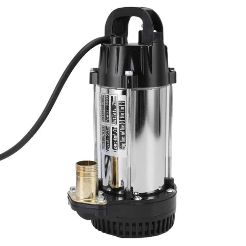 Tough Workhorse Stainless Steel Submersible Sump Pump With 300W DC 12V Motor and Long Cord, side view with brass fitting.