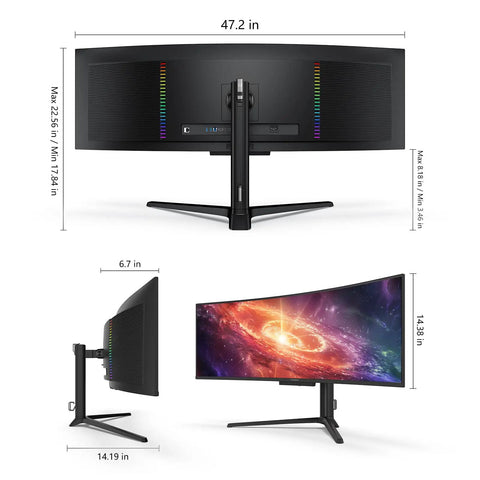 Back and side view of 49 Inch OLED Curved Ultrawide Gaming Monitor with height adjustable stand, 5120x1440, 240Hz, USB-C 90W