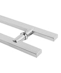 Close-up of 24 Inch Stainless Steel Door Handle Set With Solid Standoffs, Built To Last Heavy Duty Commercial Grade 304 Stainless, Push Pull Barn Door Pulls, Glass Pulls, Mirror Polished Chrome Finish