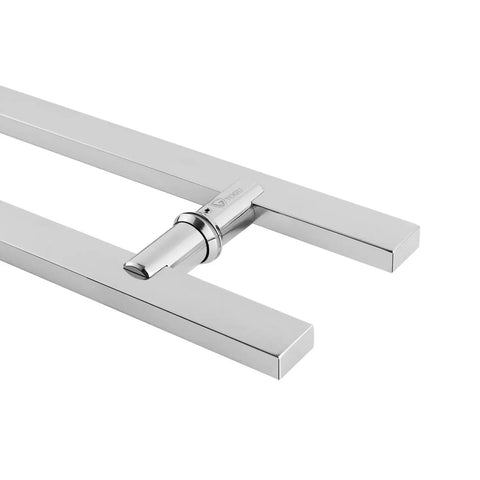 Close-up of 24 Inch Stainless Steel Door Handle Set With Solid Standoffs, Built To Last Heavy Duty Commercial Grade 304 Stainless, Push Pull Barn Door Pulls, Glass Pulls, Mirror Polished Chrome Finish