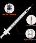 Bulk 30 Pack U100 Syringes 30 Gauge Five Sixteenth Inch 8 Millimeter 1 mL Disposable, Individually Wrapped, Pro Grade Performance, Smooth Leak-Proof Plunger, Clear Barrel, Medical Grade Single-Use Syringes, close-up with U-100 markings