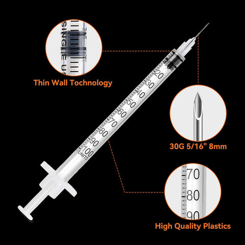 Bulk 30 Pack U100 Syringes 30 Gauge Five Sixteenth Inch 8 Millimeter 1 mL Disposable, Individually Wrapped, Pro Grade Performance, Smooth Leak-Proof Plunger, Clear Barrel, Medical Grade Single-Use Syringes, close-up with U-100 markings