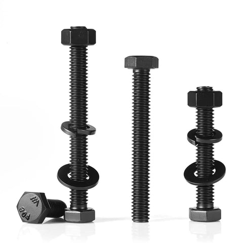 1/4-20 X 6 Inch Hex Head Bolts Kit With Nuts, Flat And Lock Washers, Fully Threaded Black Zinc Plated 304 Stainless Steel 18-8 Set