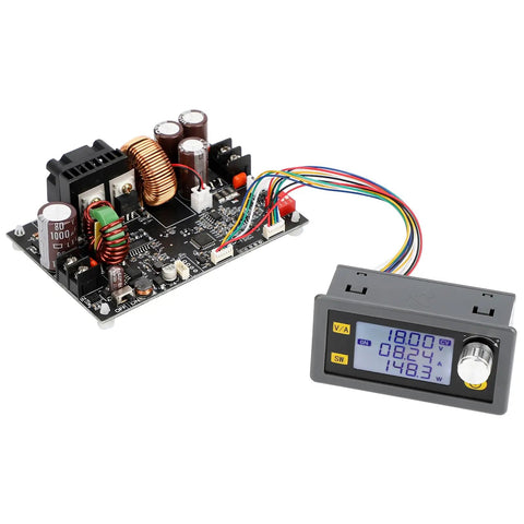 Knockout Durability DC Buck Converter With Crisp Digital Meter, showing input/output connections and display for voltage adjustment.