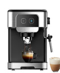 Top Tier Espresso Coffee Maker With Integrated Milk Frother And Steam Wand brewing espresso into a glass cup with a steam wand.