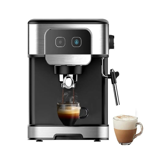 Top Tier Espresso Coffee Maker With Integrated Milk Frother And Steam Wand brewing espresso into a glass cup with a steam wand.