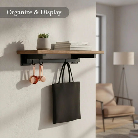 Must Have Wall Mounted Floating Shelf Bracket With Hooks In Black Finish Cold Rolled Steel Support For Standard Shelves Add Vertical Storage And A Shelf For Books Or Plants Plus Lower Hooks For Keys Bags