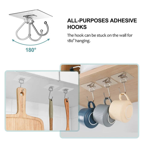 Heavy Duty 10 Pack Self Adhesive Hooks Set Removable Reusable Waterproof Transparent Wall Hangers holding kitchen utensils and cups