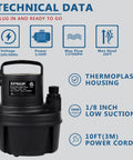 Technical data of Powerful Submersible Utility Pump 1/6 HP 1370 GPH Portable Drain Pump, thermoplastic housing, 10ft power cord