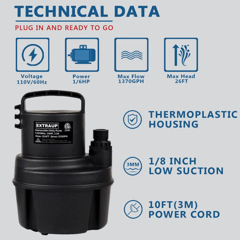 Technical data of Powerful Submersible Utility Pump 1/6 HP 1370 GPH Portable Drain Pump, thermoplastic housing, 10ft power cord