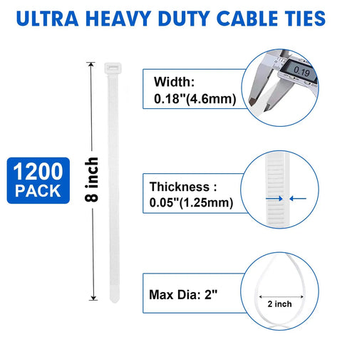 Heavy Duty 8 Inch Nylon Cable Ties, 1200 Pack, Self Locking White Plastic Wire Ties With 50Lb Tensile Strength, product details shown
