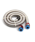 Three Foot 6AN Stainless Steel Braided Fuel Line Hose Kit With Two AN6 Fittings Universal For Racing Fuel Gas Coolant And Transmission Fluid Three Eighths Inch ID High Pressure Pro Grade coiled on white background