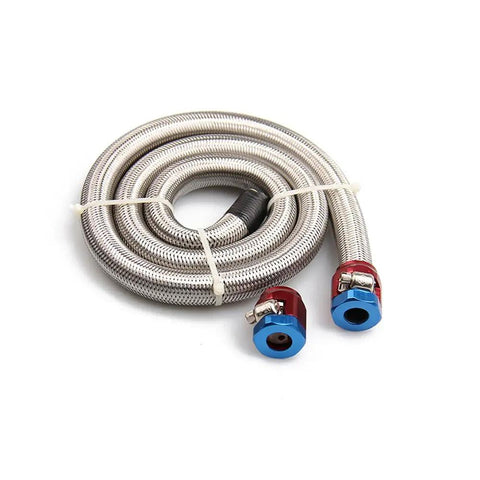 Three Foot 6AN Stainless Steel Braided Fuel Line Hose Kit With Two AN6 Fittings Universal For Racing Fuel Gas Coolant And Transmission Fluid Three Eighths Inch ID High Pressure Pro Grade coiled on white background