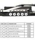 Heavy Duty Bench Crimper Kit For Hose Setups With Five Die Sizes And Ferrules, side view of crimper with compatible hose sizes chart