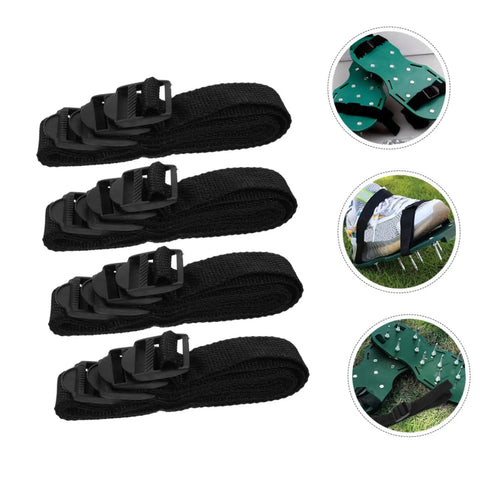 16 Piece Lawn Aerator Shoes Straps With A Workhorse Heavy Duty Garden Spikes For Lawn Care Compatible Boots For Aerating Grass And Soil In Outdoor Gardening Perfect For Thick Lawns Wet Soils And All Seasons, showing black straps and green aerator plates with spikes.
