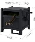 Hideaway Garden Hose Reel Storage Box For 100Ft 5/8 Inch Hose Resin Outdoor Container showing dimensions and hand-crank handle.