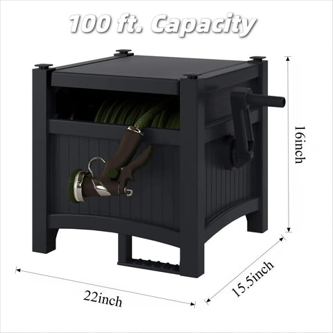 Hideaway Garden Hose Reel Storage Box For 100Ft 5/8 Inch Hose Resin Outdoor Container showing dimensions and hand-crank handle.