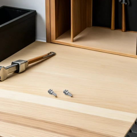 Solid 108 Piece Stainless Steel Screw Kit With Matching Nuts And Washers on a wooden workbench with tools.