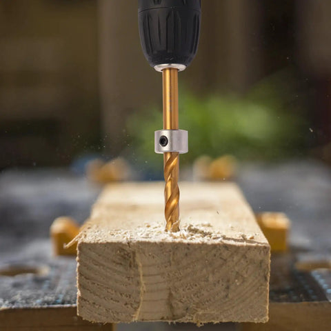 Pro Grade 3/8-Inch Twist Step Drill Bit With Hex Shank For Pocket Hole Kits drilling into wood with adjustable depth stop ring