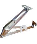 Heavy Duty Steel Ratchet Headrest Bracket Built Tough For Twelve Position Adjustment No Sweat Setup On Bed Frames Desk Lids Drafting Tables Drawing Boards 220 Lb Load Rating Premium Zinc Coat side view of metal bracket with clicking mechanism and pre-drilled holes