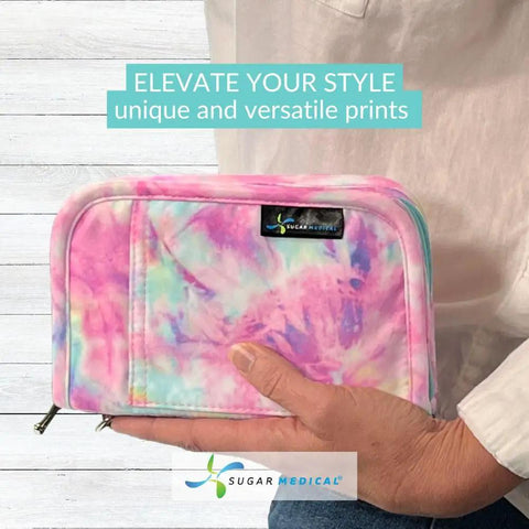 Diabetes Grab-And-Go Travel Case For Glucose Meter And Essentials, Portable Diabetic Organizer Bag, Glucometer Kit, Medical Supplies Pouch, Easy Everyday Diabetes Care, pink tie-dye zip pouch held in hand