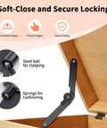 180 Degree Rotatable Lid Support Hinges For Cabinets And Boxes, Heavy Duty 9 Inch Metal Folding Lid Stay With 12 Screws, Black Soft Close Locking Hinges shown installed on a wooden box.