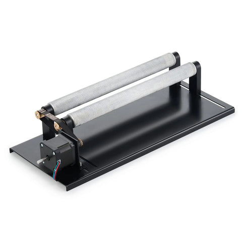 Rotary Axis Attachment For 40w 45w Co2 Laser Engravers; cylindrical rollers on a black base for laser engraving bottles.