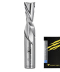 Carbide Spiral Router Bits Down Cut Set 1/4 Inch Diameter, 1 Inch Cutting Length, 2-1/2 Inch Overall Length, 5-Piece Woodworking Router Bit Set For Wood Oak MDF Aluminum, Ideal For DIYers And Pros, showing individual bit and packaging.