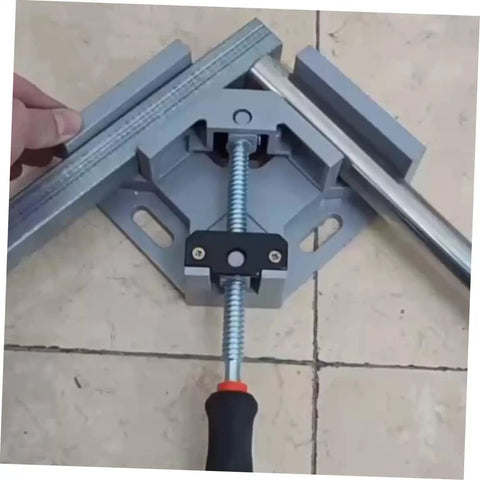 Heavy Duty Right Angle Clamp For Woodworking And Precision Welding With Badass Aluminum Build No Sweat Single Handle Design For Hella Tough 90 Degree Corners Every Time, gray clamp securing metal pieces at a right angle.