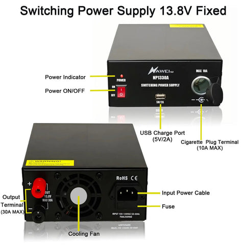 Front and rear view of Beefy 13.8V 30A DC Power Supply with Cigarette Plug Socket for Ham CB Radios, showing USB and connections