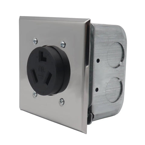 Nema 10-30R Receptacle 30 Amp Dryer Outlet surface mount with galvanized iron frame and marked terminals for heavy load gear.