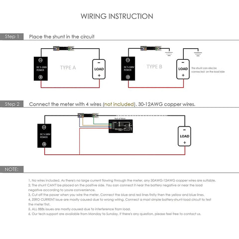 Wiring instructions for DC 6.5-100V 0-100A LCD Readout Digital Current Voltage Power Energy Meter Multimeter with 100A Shunt