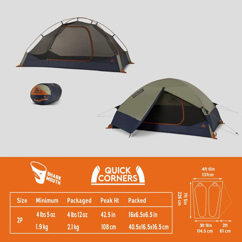Late Start 2P Backpacking Tent for Two People in setup and packed views, lightweight design with aluminum poles and Quickcorner pole sleeves