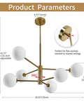 Dimensions and features of Globe Chandelier 6 Lights Dope Modern Gold Finish With Glass Globe Shades Sputnik Style Mid Century Pendant Lighting.