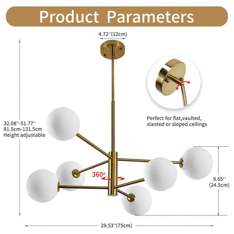 Dimensions and features of Globe Chandelier 6 Lights Dope Modern Gold Finish With Glass Globe Shades Sputnik Style Mid Century Pendant Lighting.