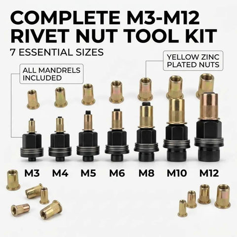 Premium Head Rivet Nut Tool Kit For Professionals And DIYers M3 To M12 With 55 Pieces Mandrels Fasteners Steel Inserts Perfect For Sheet Metal Jobs Auto Repair And Home Projects You Gotta Get This Heavy Duty Set, M3-M12 mandrels
