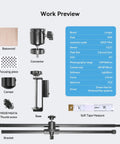 Components of Pro Grade LightBurn Camera Kit For Laser Engravers including base, connector, bracket, and focusing piece with specs chart.