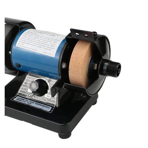 Top Shelf Mini Bench Grinder With Quick Adjust Speed Dial For Smooth Polishing And Fine Sanding On Jade Jewelry Engraving Tasks close-up of motor and RPM control.