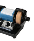 Close-up of A Straight Up Rock Solid Mini Bench Grinder With A Beefy 150W Engine showing adjustable speed control and polishing wheel.