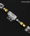 Heavy Duty Drip Proof Inline Fuse Holder With Two 60A Agu Fuses For 4 To 10 Awg Car Audio Wiring Knockout Protection for Amps Subs and Alarms. Clear casing with gold connectors.