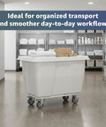 Heavy Duty White Rolling Garbage Can With 600 Pound Load Rating And 12 Cubic Foot Construction Dump Cart for storage transport in a commercial space.