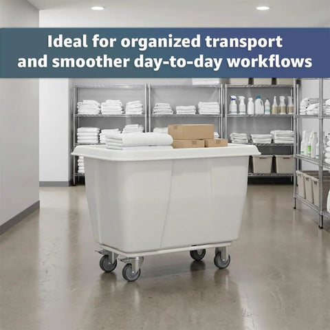 Heavy Duty White Rolling Garbage Can With 600 Pound Load Rating And 12 Cubic Foot Construction Dump Cart for storage transport in a commercial space.