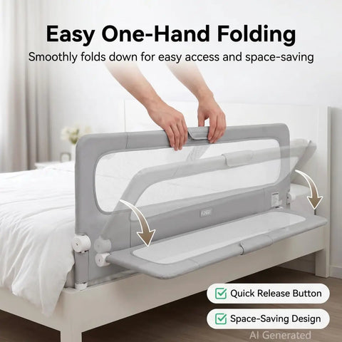 One Button Swing Down Bed Rail For Toddlers And Kids 59 Inch Length No Tool Assembly showing easy one-hand folding design