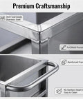 Premium craftsmanship of Industrial Stainless Steel Utility Cart With Locking Swivel Wheels And Deep Soak Tank showing full weld process and reinforced frame.