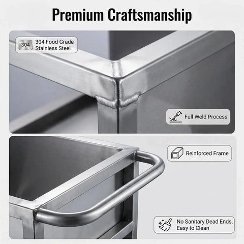 Premium craftsmanship of Industrial Stainless Steel Utility Cart With Locking Swivel Wheels And Deep Soak Tank showing full weld process and reinforced frame.